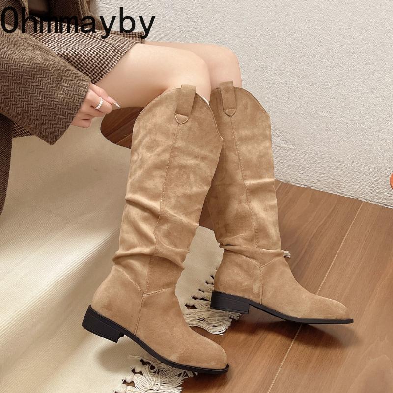 Autumn Winter Vintage Stretch Slim Woman Knee High Boots Shoes Fashion Low Heel Shoes Ladies Pleated Modern Long Botas