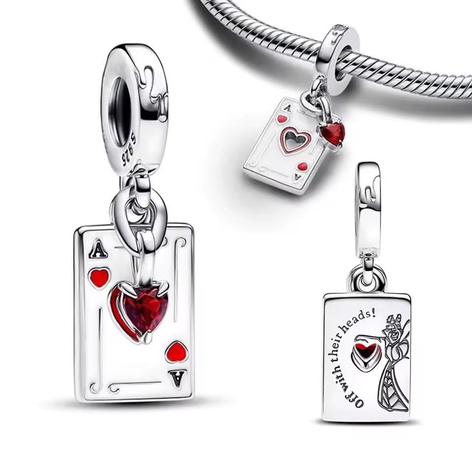Villains Queen of Hearts Double Dangle Charm 925 Silver Pendant Beads DIY Women Jewelry Gift Fit Original Bracelet