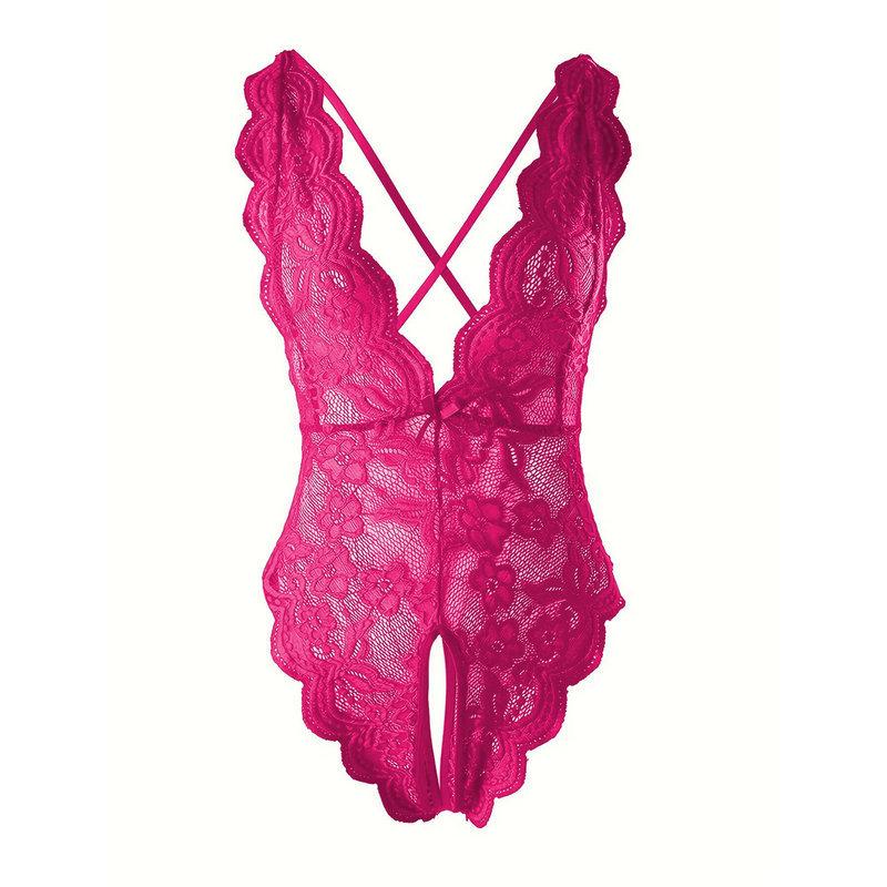 Erotic lingerie opening halter neck one-piece pajamas lace-up bow back open lace sexy pajamas woman