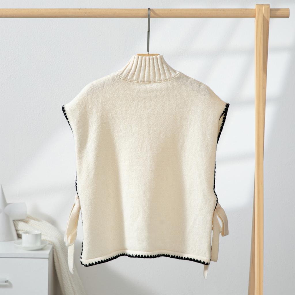 Women's Vest Half High Collar Color-blocked Bow Knitted Vest Loose Sleeveless Sweater Vest Top