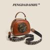 Vintage embossed soft leather small round bag women's shoulder bag