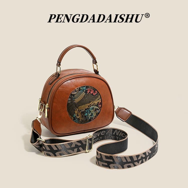 Vintage embossed soft leather small round bag women's shoulder bag