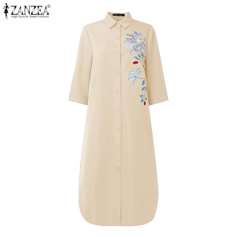 ZANZEA Women Casual Turn Down Collar 3/4 Sleeve Loose Embroidered Shirt Dress