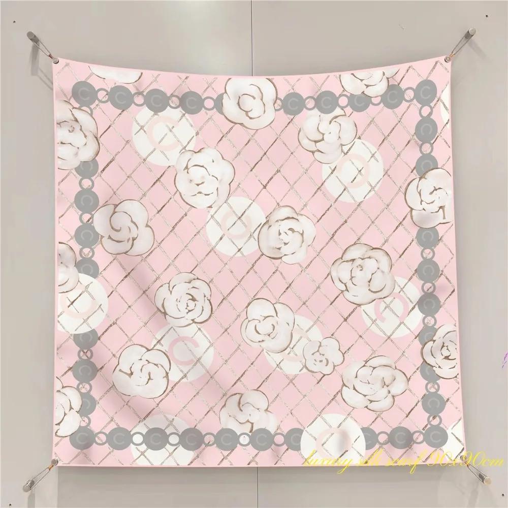 French 90cm New Rose Twill Silk Women's Travel Sunscreen Shawl Large Square Scarf Headscarf Scarf Scarf  Scarf Women Luxury