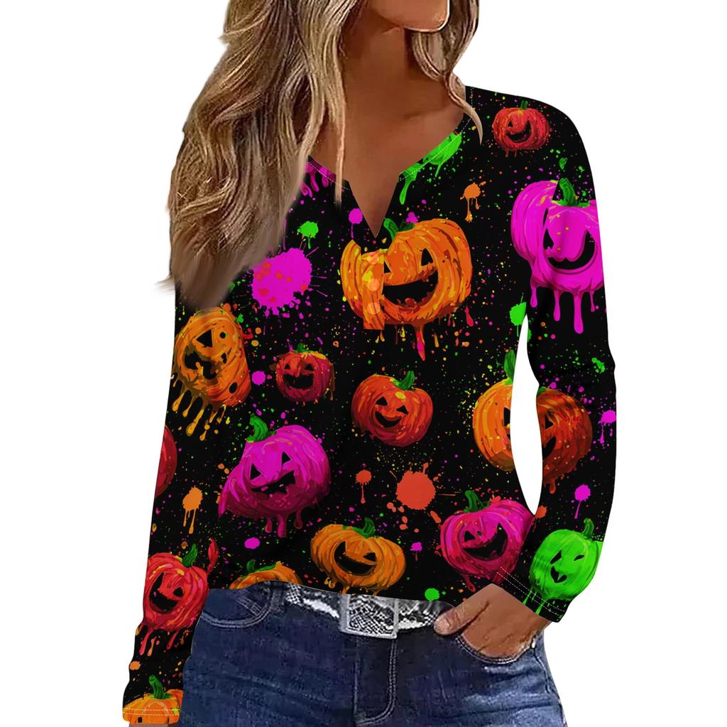 Women's Casual Long Sleeve V-Neck T-Shirt with Halloween Print and Decorative Buttons