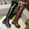 Fashion Waterproof Cold Winter Russia Female Warm Shoes Platform Chunky Heels Plush Over-the-knee Snow Boots with Real Rabbit Fur Pom