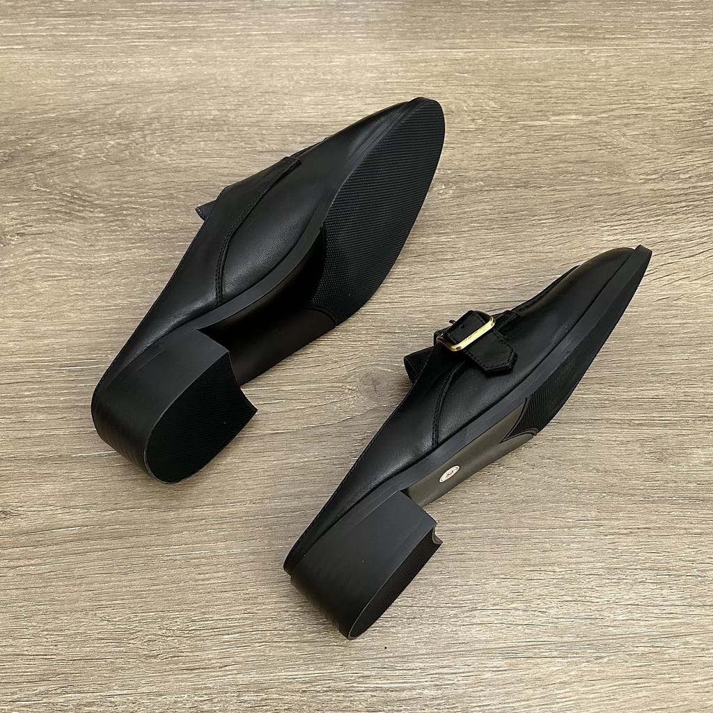 Fashion British Buckle Strap Mules Shoes Ladies Med-High Heels Slippers Slip On Derby Sliders Femmes Pantuflas PU Leather Loafers Woman