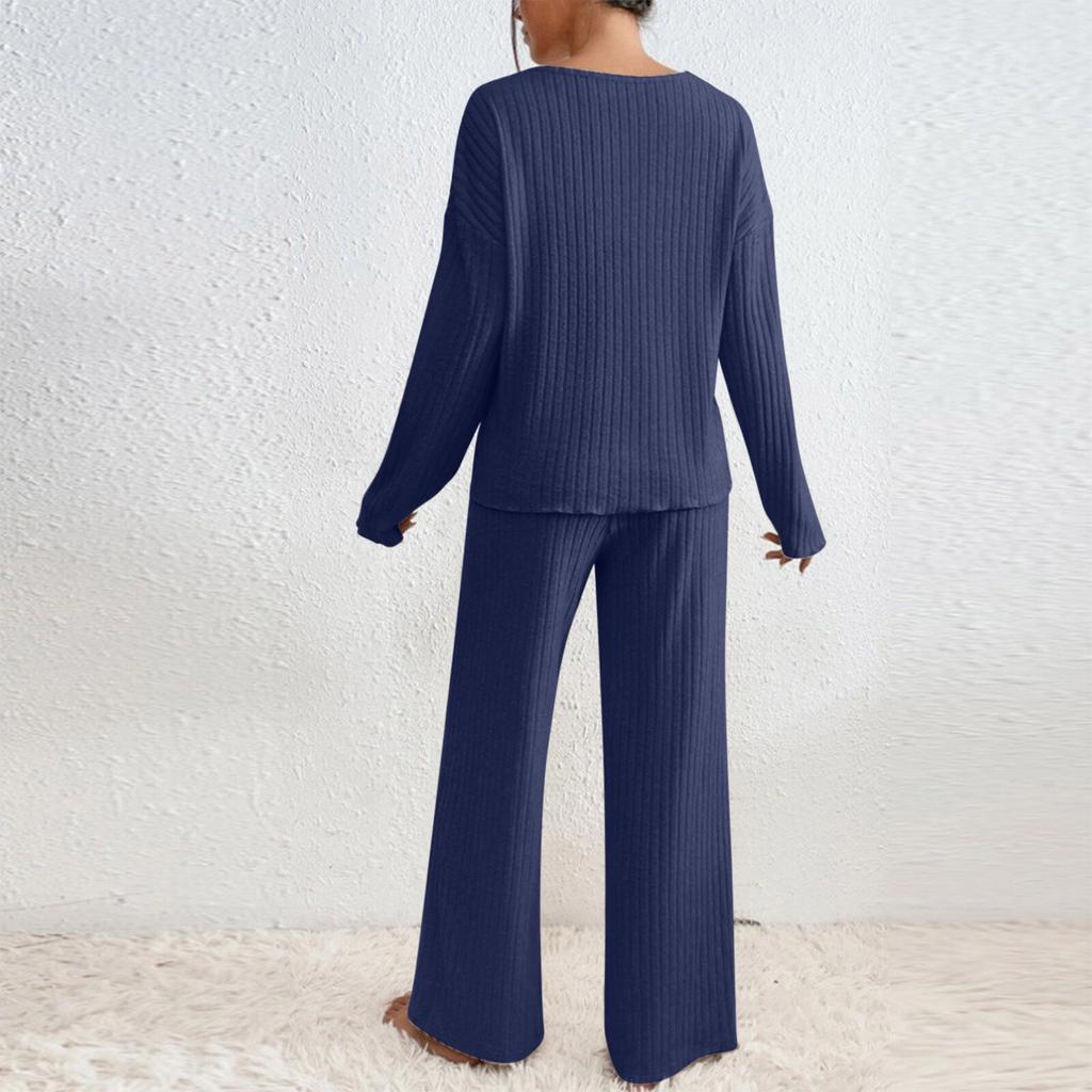 Women's Ribbed Knit Lounge Set V Neck Long Sleeve Sweater and Wide Leg Pants Two Piece Outfit Soft Comfortable Casual Homewear