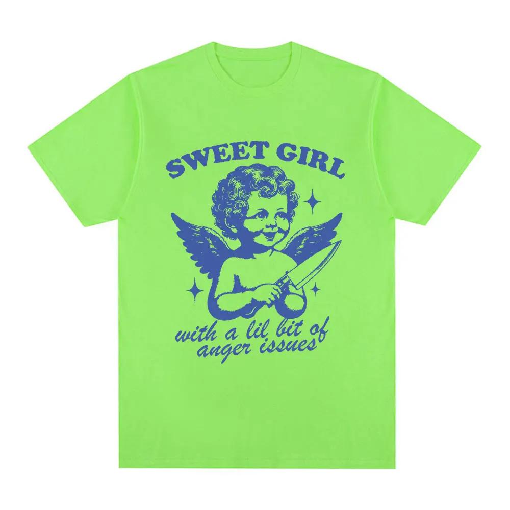Sweet Girl with Anger Issues T Shirt Funny Angel Lovers T-shirts 100% Cotton Casual Oversized Short Sleeve Tee Shirt Unisex