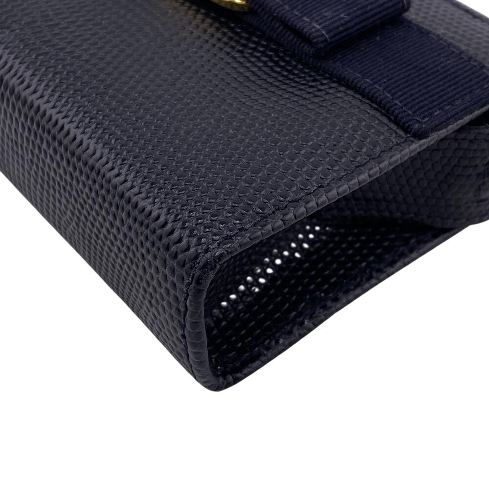 Salvatore Ferragamo Coin Pocket Key Ring Pouch Vara ribbon Lizard Coin case black Lizard Used