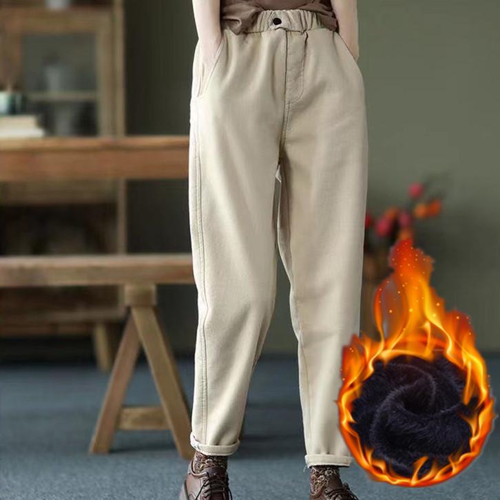 

Новые женские шаровары из хлопкового твила с подкладкой из утолщенного бархата 2025 года — стильные повседневные брюки с эластичной резинкой на талии для осени/зимы. 3XL