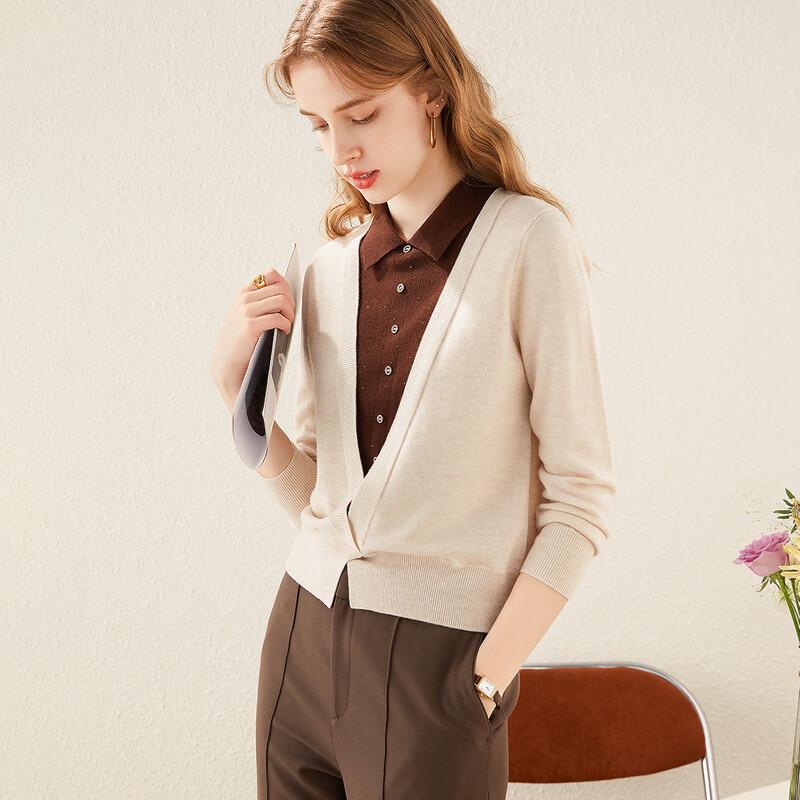 

TUHUANG Женский свитер из чистой шерсти, колор-блок, имитация двойки, лацкан со стразами, вязаный свитер TW697329 L