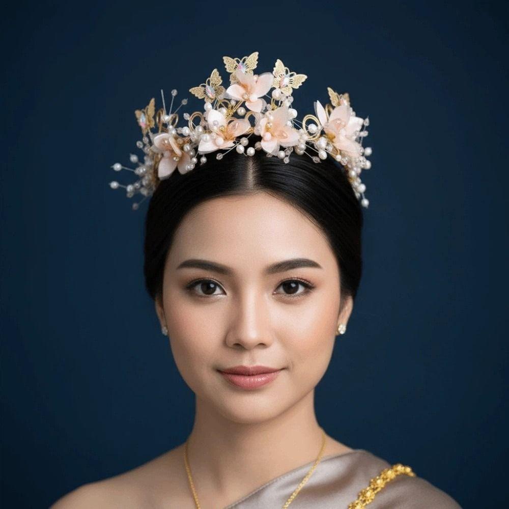 Vintage Butterfly Crown Headwear Elegant Princess Rhinestone Tiara Trendy Pink Floral Crown  Women