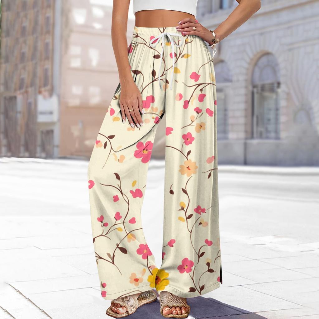 Dámské potištěné kalhoty s širokými nohavicemi s kapsami Vysoký pas Stahovací šňůrka Volné ležérní kalhoty