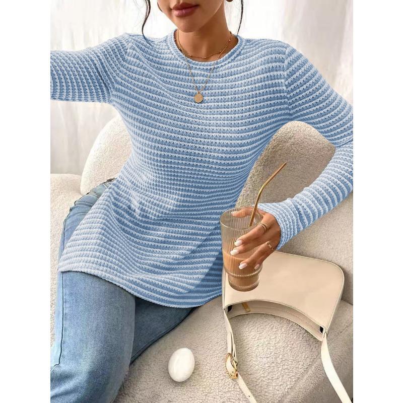 New Round Neck Slit Long Sleeve Versatile Casual Women's Bottoming Shirt T-shirt