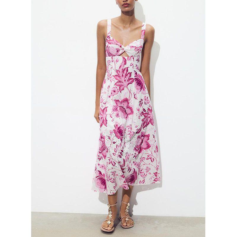 Summer New Product Women's Clothes Seaside Vacation Style Wide Shoulder Strap Cut Out Embroider Printed V-neck Dress 2157053