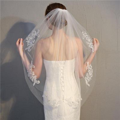 European & American Short Bridal Veil with Lace, Rhinestones & Comb