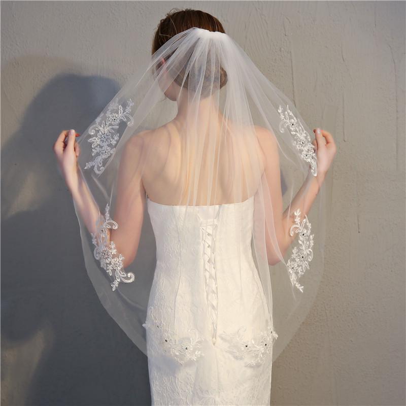 European & American Short Bridal Veil with Lace, Rhinestones & Comb