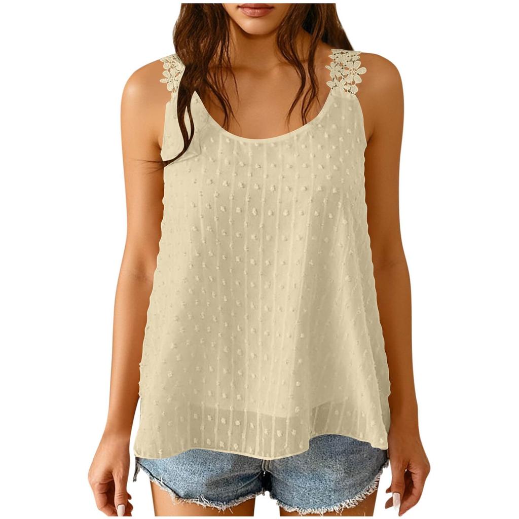 Women's Fashion Color Round Neck Summer Lace Lace Lace Sleeveless Loose Tank Top