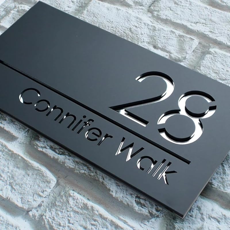 Laser Cut Acrylic 3D House Number Sign - Personalized Black Matte Outdoor Decor(Black rose) Black silver