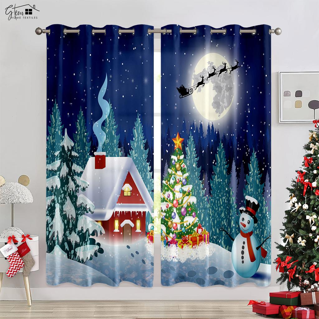 Christmas Decoration Curtains Christmas Tree Gift Living Room Bedroom Children's Room New Year Festival Polyester Fiber Curtains
