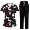 Damen Kurzarm Uniform 2-teiliges Set Halloween-Print Kasack-Oberteil und Hose mit Taschen Pflegekraft