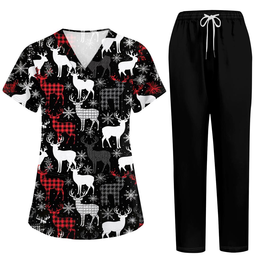 Damen Kurzarm Uniform 2-teiliges Set Halloween-Print Kasack-Oberteil und Hose mit Taschen Pflegekraft