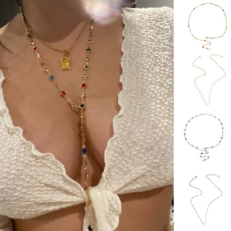 Eye Catching Colorful Crystal Neckpiece Adjustable Length Clavicle Chain Long Y-Shaped Neckchain for Fashion Ladies