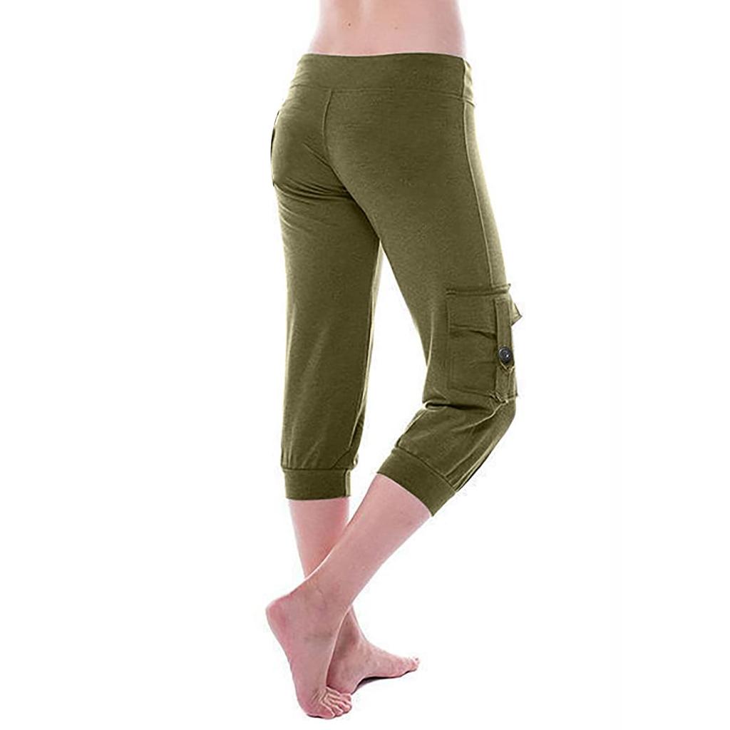 Women's Stretch Waist Button Side Pocket Yoga Cropped Pants