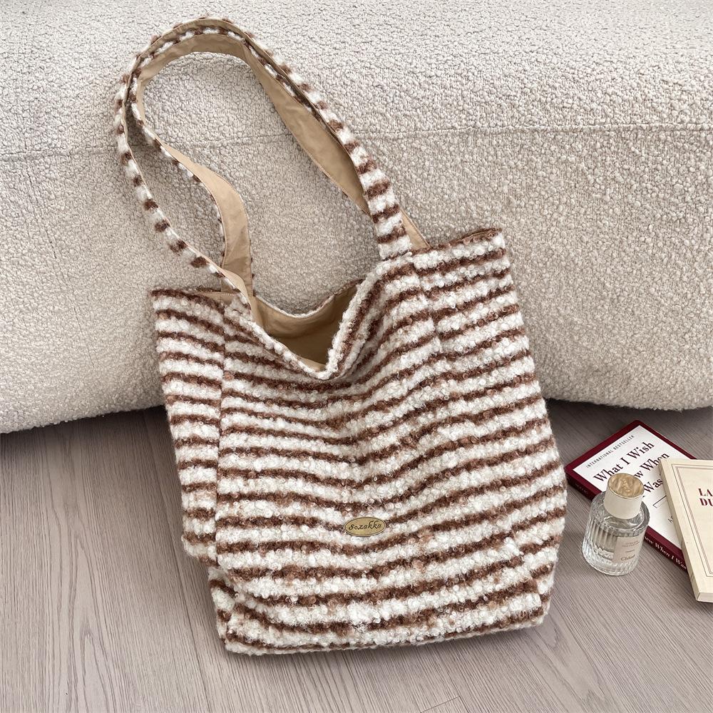 Simple Stripes Double Sided Back Faux Lamb Wool Women's Shoulder Bags Versatile Female Tote Bag Large Capacity Ladies Handbag
