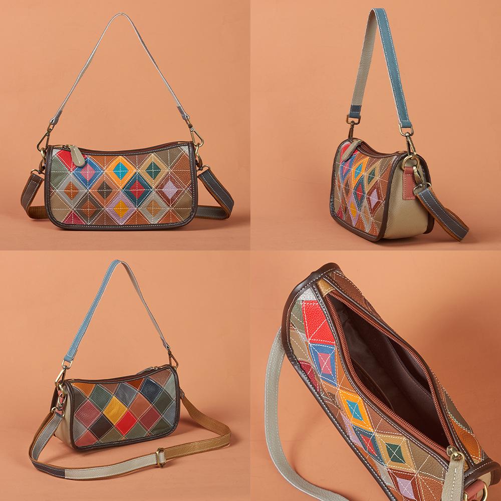 Cowhide Genuine Leather Bag Underarm Bag Colorful Color-blocking Retro Single-shoulder Bag Small Bag