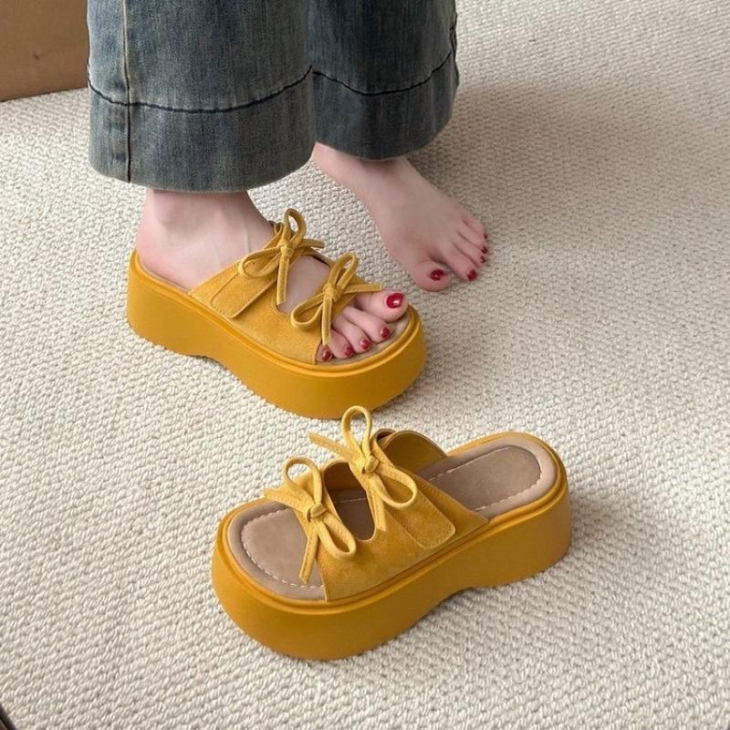 

Fashion One-word Bow Slippers Women s Summer New Fashion Round Head Heightened Platform Sole Non-slip Casual Beach Sandals 40