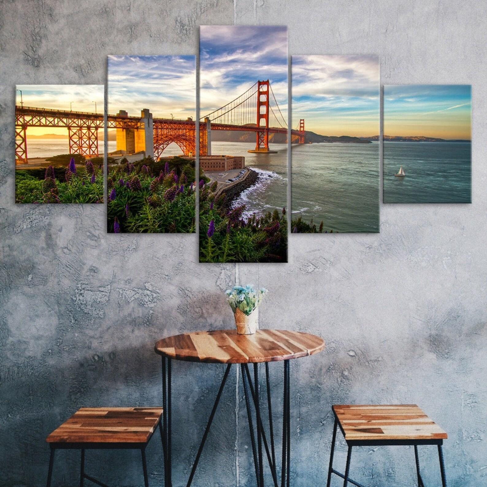 

Sunset Golden Gate Bridge San Francisco 5 Piece Five Panel Wall Canvas Print Modern Art Poster Picture Home Decor Gift For Him For Her 20X35 20X45 20X55CM