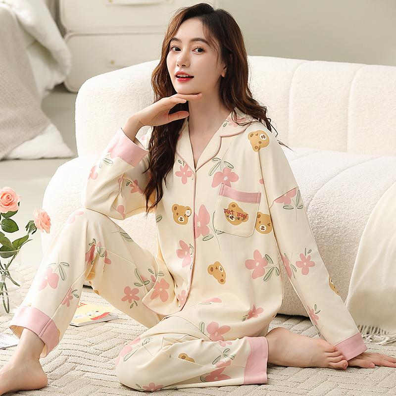 Blue Pajamas Set White Tulip Sweet Long Sleeves Long Pants Autumn Winter Cute Sleepwear Cozy Pyjamas Soft Pijamas Lady Pjs Girls