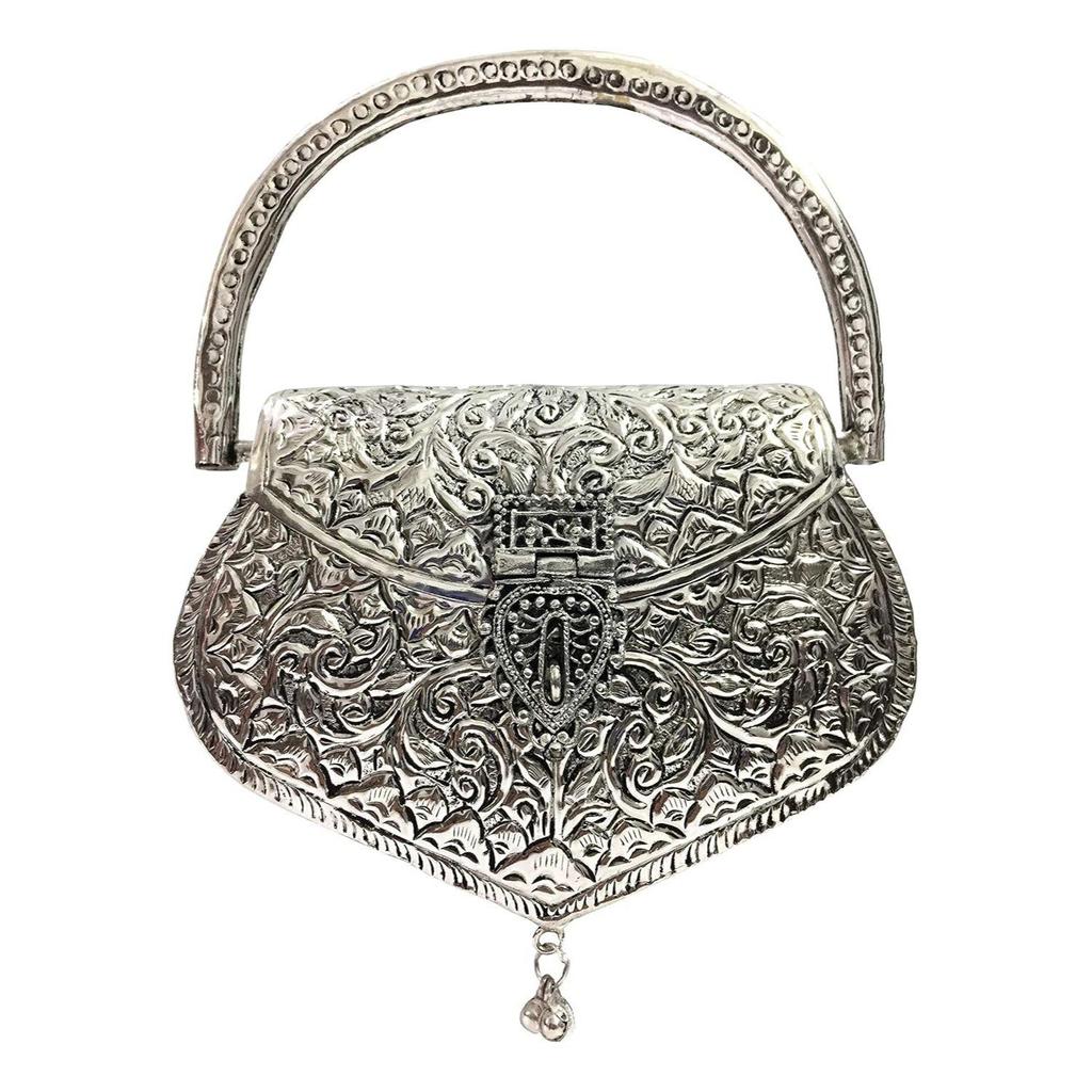 Damen Messing Metall Ethno Clutch Henkeltasche (Silber)