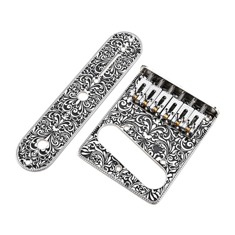 Vintage Carved Pattern Guitar Roller 6-Saddle Bridge and 3-Way Switch Control Plate Set for 6 String Electric Guitars