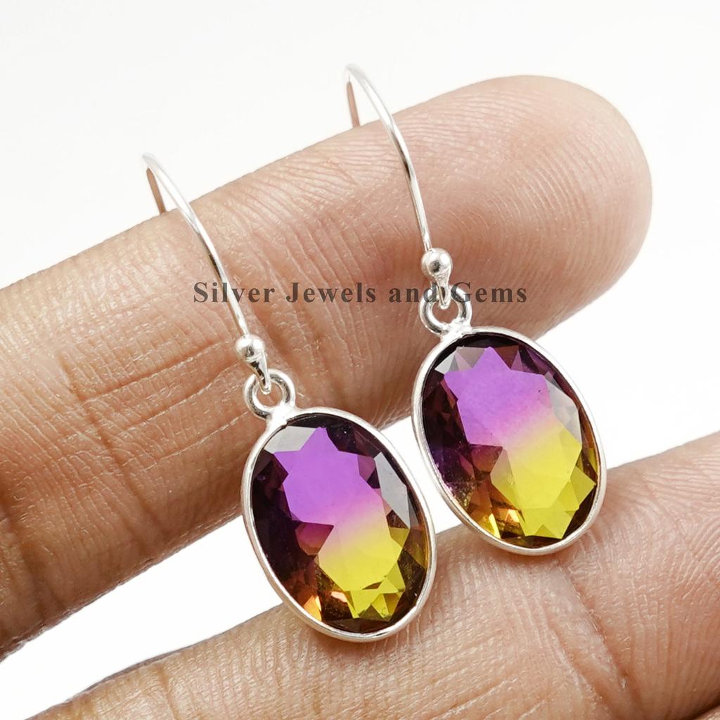 Oval Ametrine Quartz Sterling Silver Earrings, Handmade Bezel Gemstone Earring