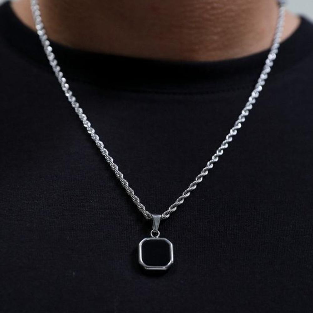 Schwarze quadratische Halsketten für Männer Jungen, Edelstahl-Halsketten mit Seil-/Kubanischer/Figaro/Glieder-Kettenhalsband, Stilvolle Schmuckgeschenke