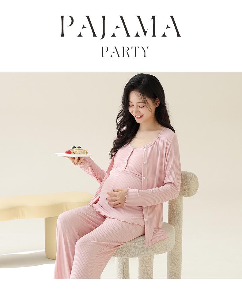 Modal Maternity Pajamas: 3-Piece Autumn Set with Breast Pads, Postpartum Nursing, Belly Comfort, Summer Wear.