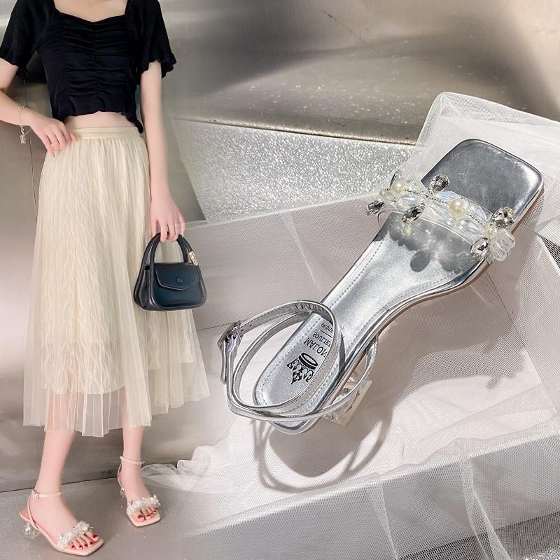 Super Fire Sandals Fashion Rhinester Line with Thick Heel Square Head Crystal Sandals Female Summer