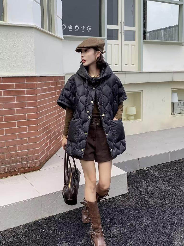 Nova versão europeia de colete acolchoado com capuz para outono e inverno, jaqueta colete curta fashion versátil