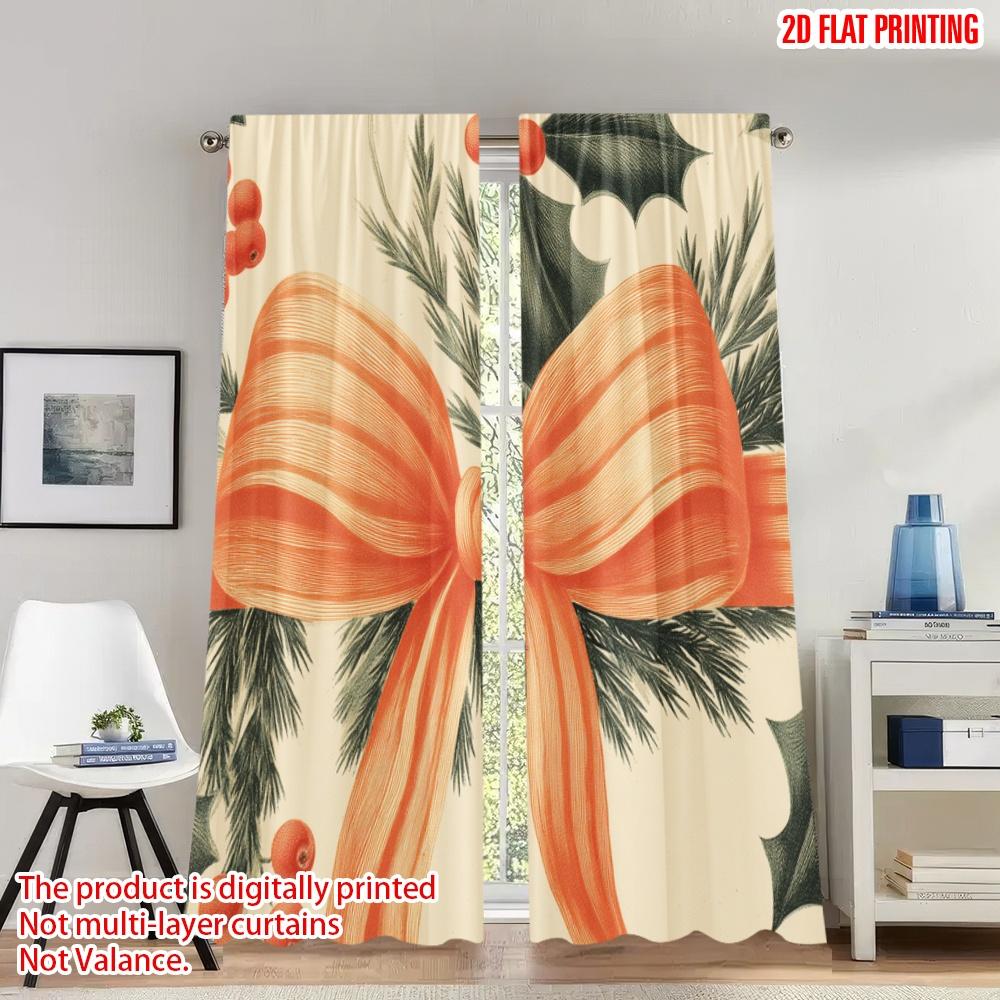 

Set Of 2 Flat Printing Happy Christmas Scene Curtains Holly Bow Ornament Digital Printed Polyester Drapes Festive Curtain W100*H70(CM)-Rod Pocket&2PCS