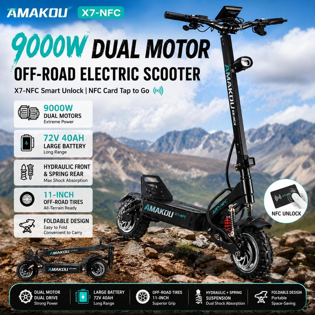 X7-NFC Premium Electric Scooter, 9000W Dual Motor, 72V 40Ah Long-Range Battery, 11-Inch All-Terrain Tires, Foldable Adult Scooter, Full Suspension