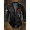 Camicia Casual da Uomo Vintage Nera con Stampe Teschio Scuro Manica Lunga-Stampa Teschio, Vestibilità Regolare, Collo a Revers, Miscela di Poliestere