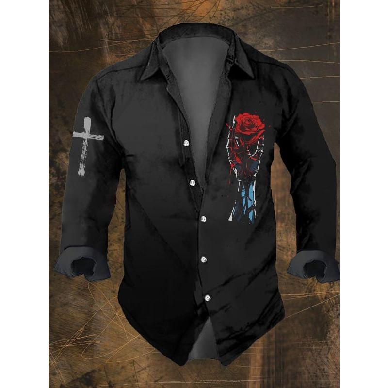 Camicia Casual da Uomo Vintage Nera con Stampe Teschio Scuro Manica Lunga-Stampa Teschio, Vestibilità Regolare, Collo a Revers, Miscela di Poliestere