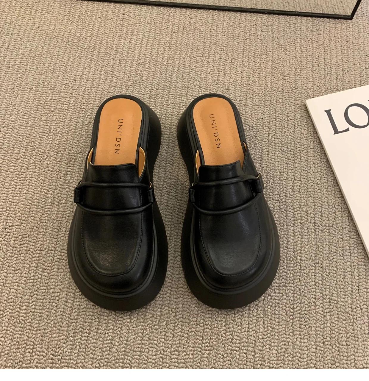 

Женские тапочки, мюли в британском стиле, высокие сандалии из искусственной кожи, женские полутапочки с толстой подошвой, летние женские мокасины 35