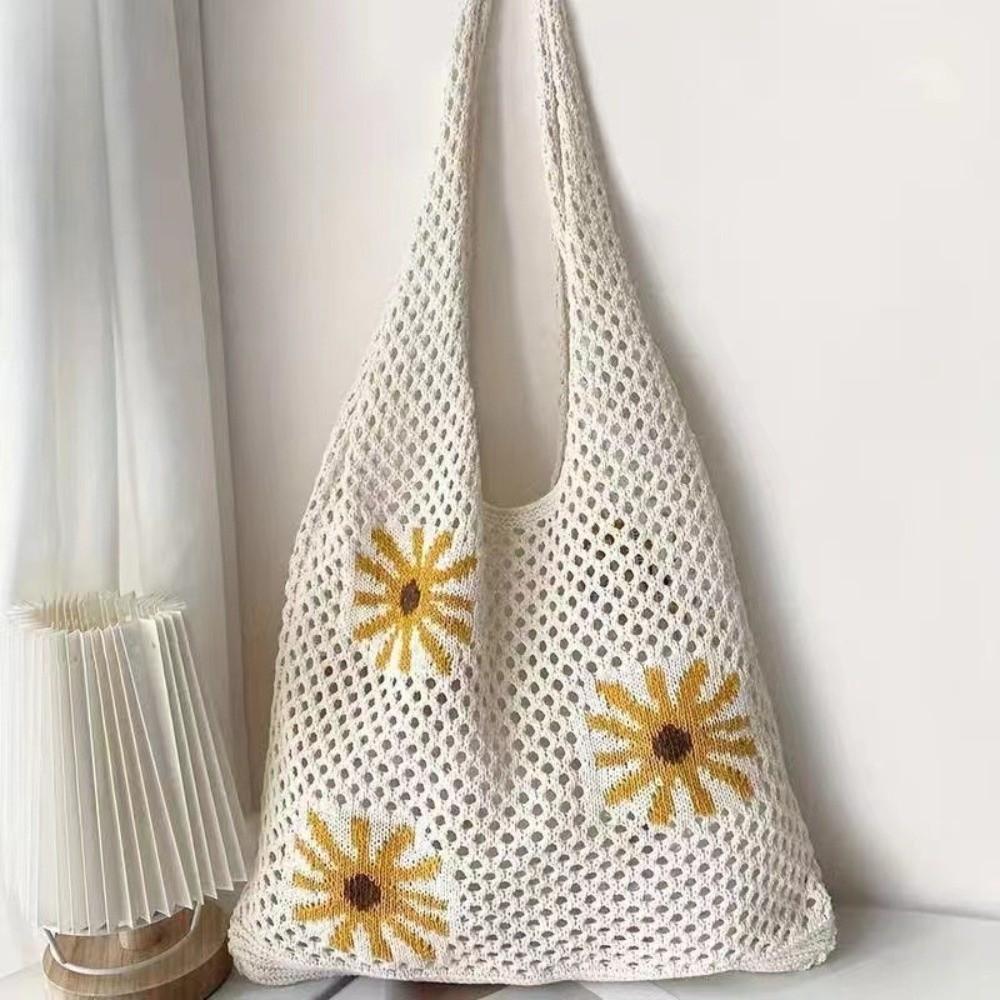 Large Capacity Beach Knitting Bag Flowers Pattern Hollow Shoulder Bag Crochet Tote Bag  Office