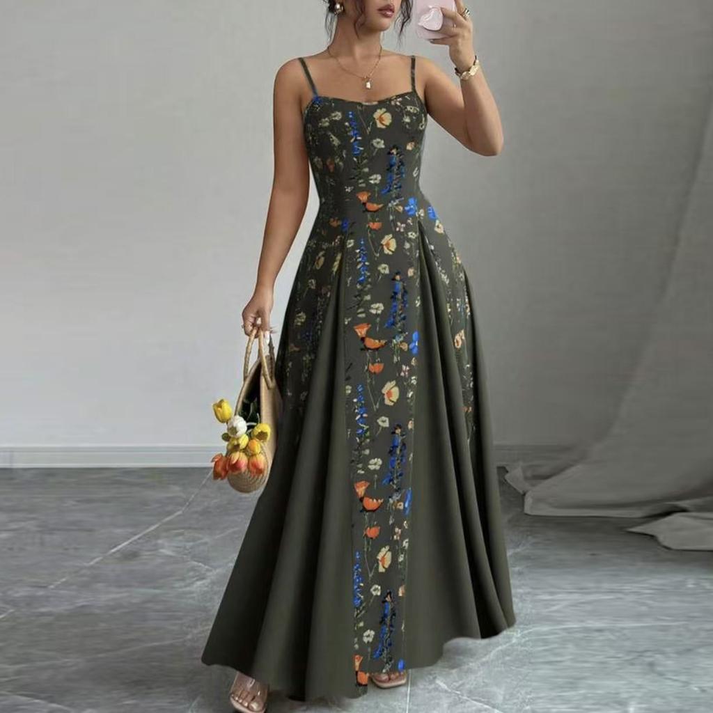 Women's Sleeveless Spaghetti Strap Floral Print Maxi Dress Fitted Waist Casual Summer Long Dress for Daily Wear