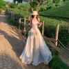 Beautiful Splicing Big Halter Strap Lace Suspender Dress Pure Desire Vacation Elegant Fairy Show Thin Long Dress Female Summer