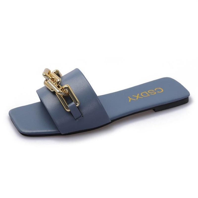 Fashion New Chain Women Slippers Summer Flat Outdoor Luxury Square Toe Design Sandals Women Slides New Korean Trend Plus Size 35-42